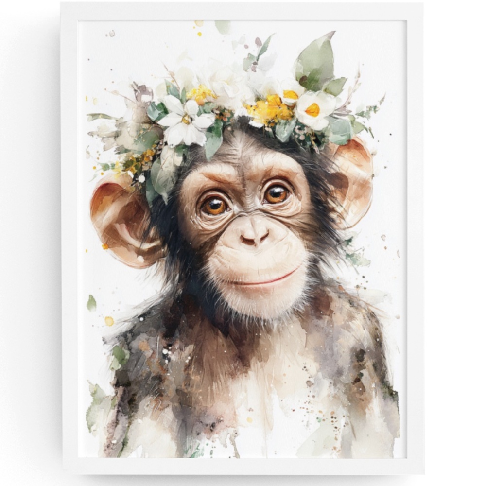Watercolor Floral Monkey Portrait Wall Art Print Unframed - Playful Jungle Charm